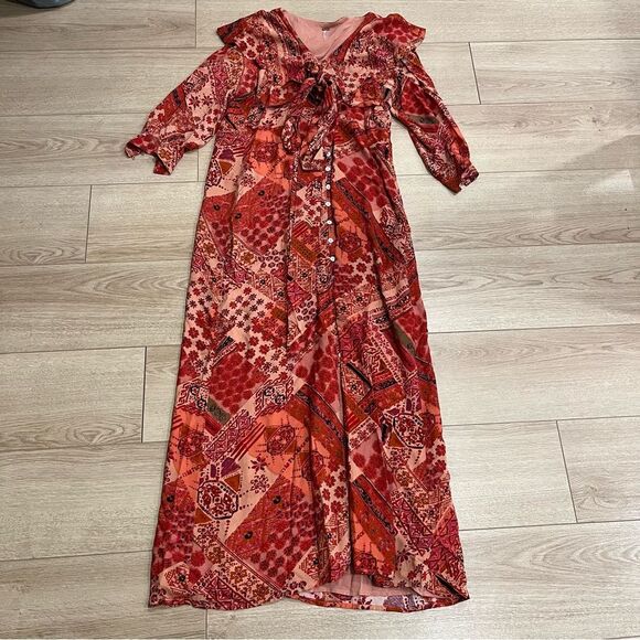 Free People Orange Patterned Lennon Button Down Ruffle Maxi Dress Size S - Picture 2 of 5